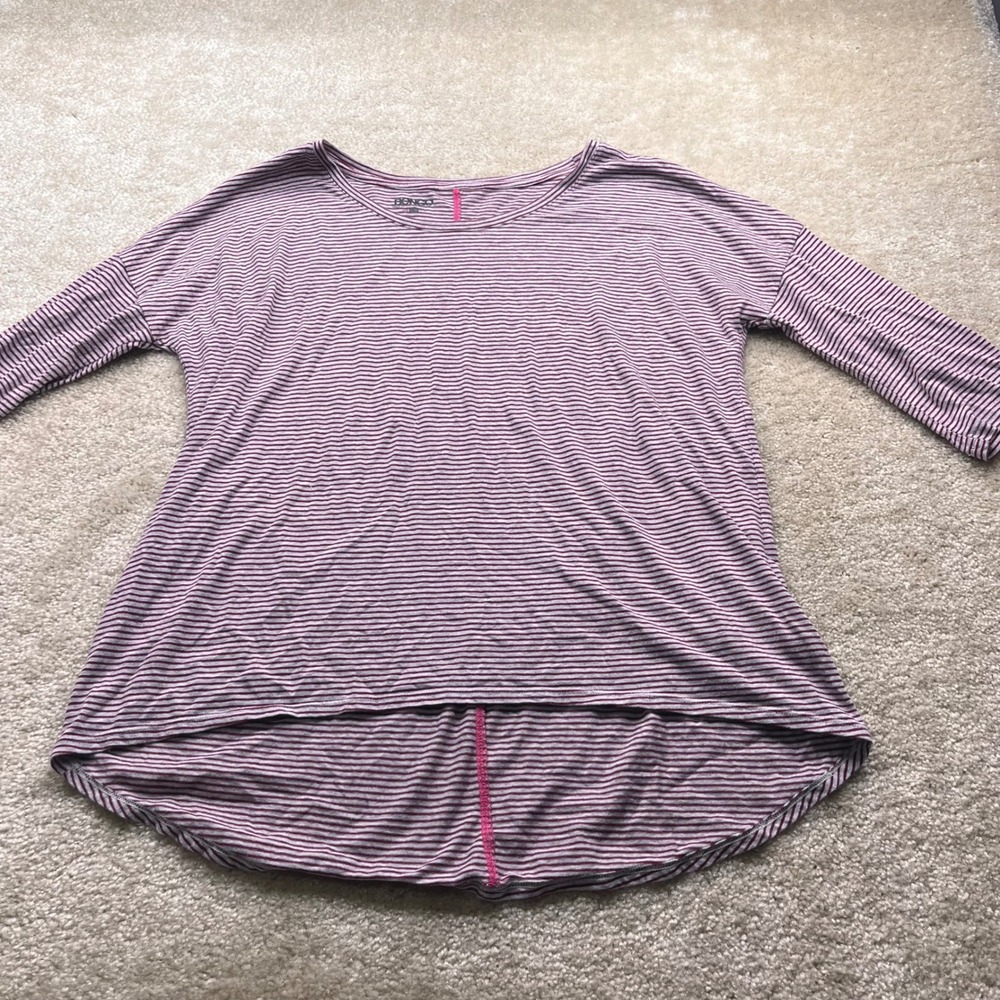 Bongo Womens Large Striped High Low Top 3/4 Sleeve Burgundy Grey Pink Relaxed